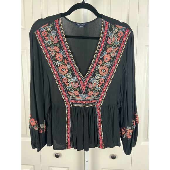 American Eagle Womens Top Blouse Small Embroidery Black Boho Bohemian V Neck - Picture 6 of 8